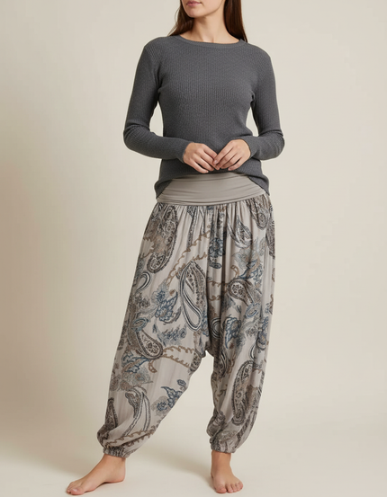 Pantalon Fluide Gris Paisley Ample Confortable Bohème - Viscose