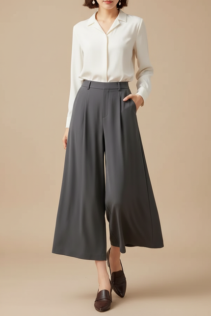 Pantalon Fluide Gris Ample Élégant Taille Haute Femme - Polyester