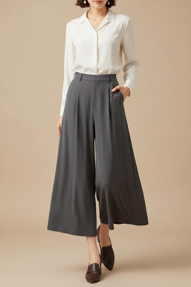 Pantalon Fluide Gris Ample Élégant Taille Haute Femme - Polyester