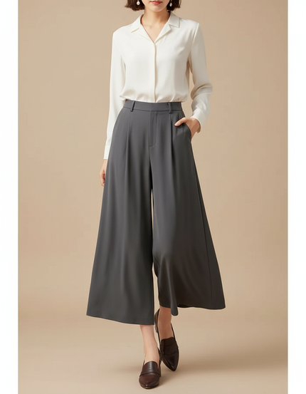 Pantalon Fluide Gris Ample Élégant Taille Haute Femme - Polyester