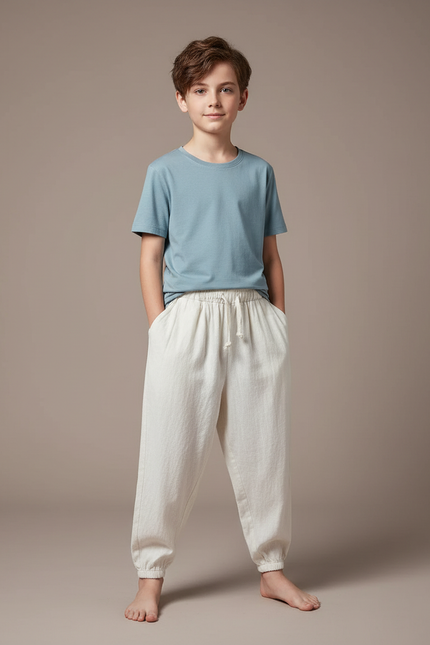 Pantalon Fluide Lin Coton Ample Beige Enfant