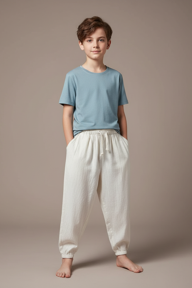 Pantalon Fluide Lin Coton Ample Beige Enfant
