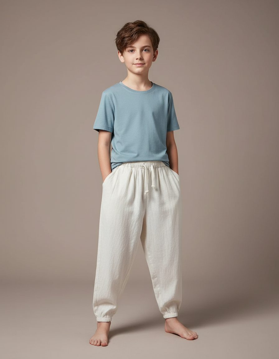 Pantalon Fluide Lin Coton Ample Beige Enfant