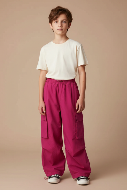 Pantalon Fluide Cargo Fushia Ample Confortable Enfant - Rose Polyester