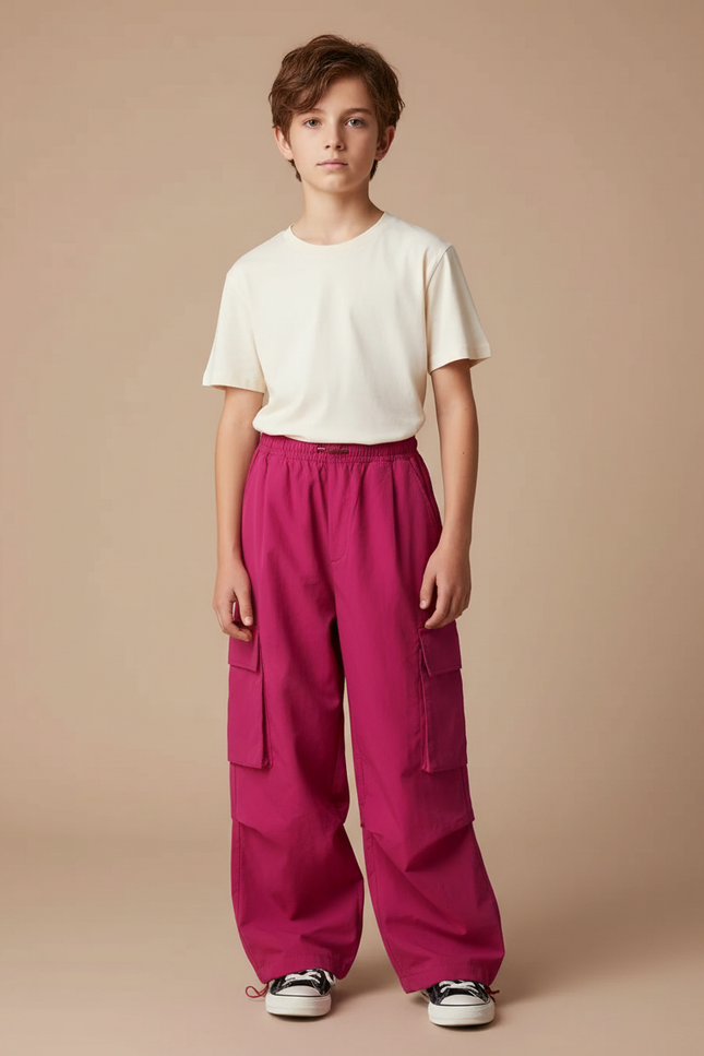 Pantalon Fluide Cargo Fushia Ample Confortable Enfant - Rose Polyester