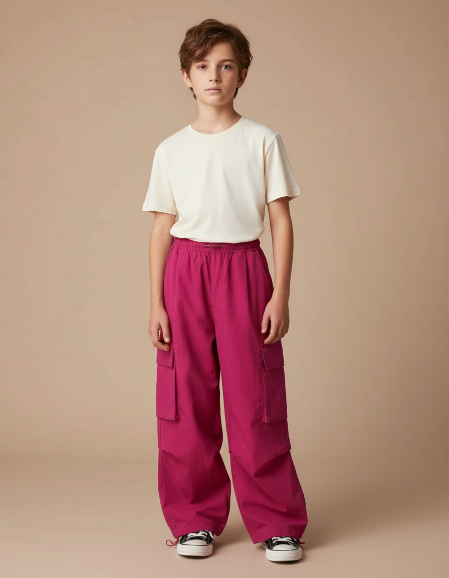 Pantalon Fluide Cargo Fushia Ample Confortable Enfant - Rose Polyester