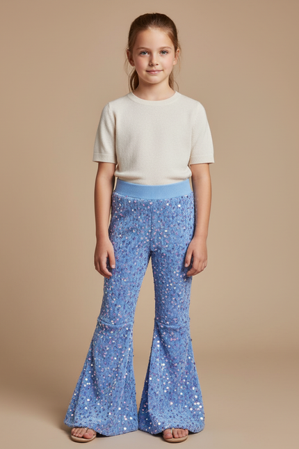 Pantalon Fluide Bleu Paillettes Évasé Confortable Brillant - Maille