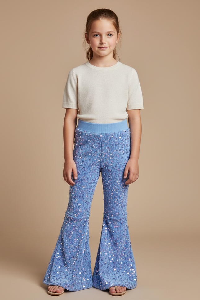 Pantalon Fluide Bleu Paillettes Évasé Confortable Brillant - Maille