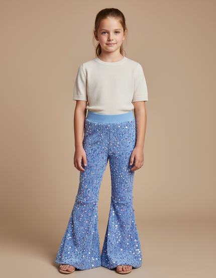Pantalon Fluide Bleu Paillettes Évasé Confortable Brillant - Maille