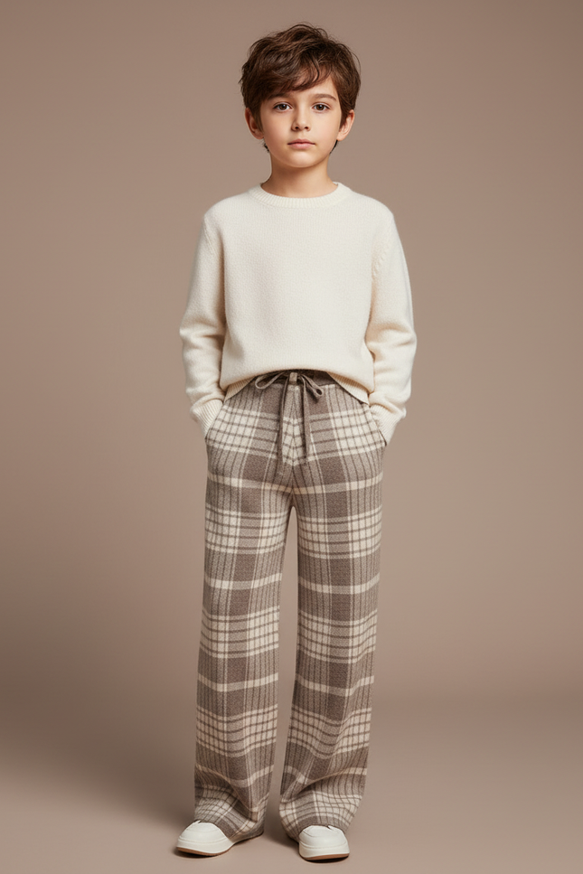 Pantalon Fluide Carreaux Laine Ample Marron Enfant
