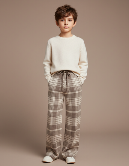 Pantalon Fluide Carreaux Laine Ample Marron Enfant