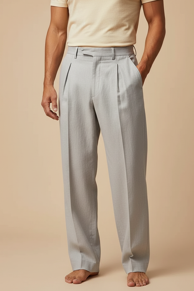 Pantalon Fluide Homme Gris Plissé Droit Décontracté - Lin