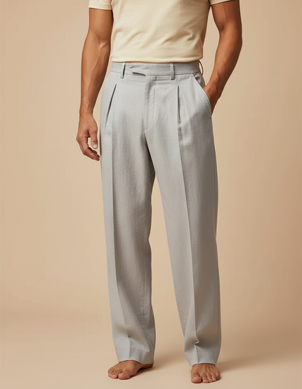 Pantalon Fluide Homme Gris Plissé Droit Décontracté - Lin