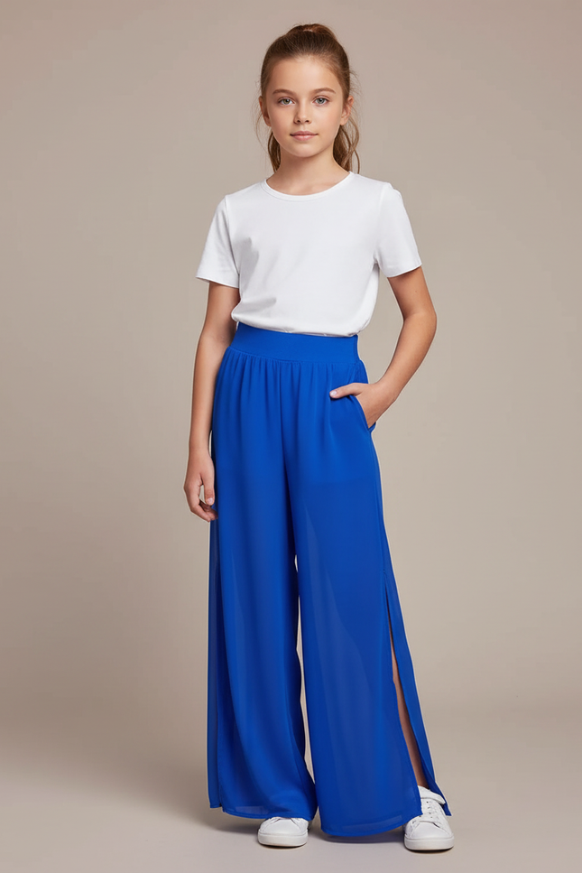 Pantalon Fluide Bleu Royal Ample Fendu Élégant - Polyester