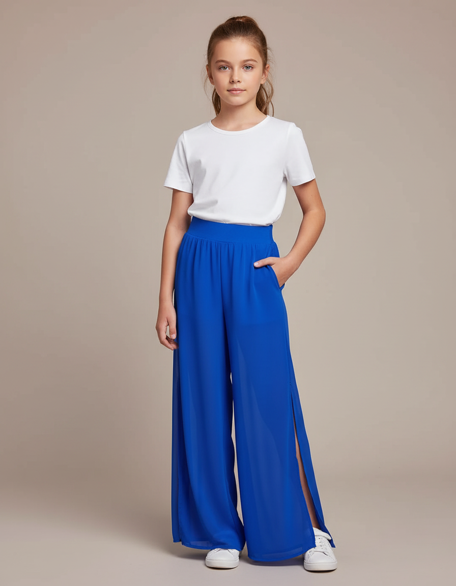 Pantalon Fluide Bleu Royal Ample Fendu Élégant - Polyester