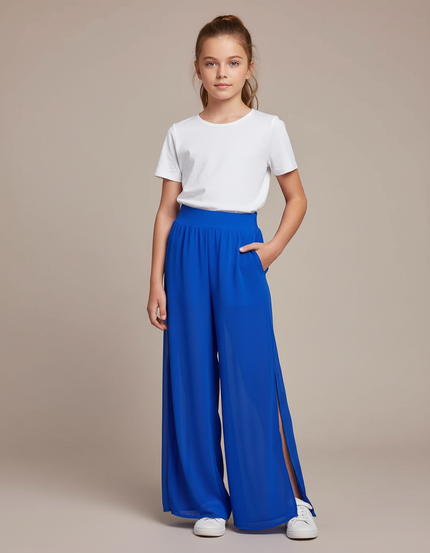 Pantalon Fluide Bleu Royal Ample Fendu Élégant - Polyester