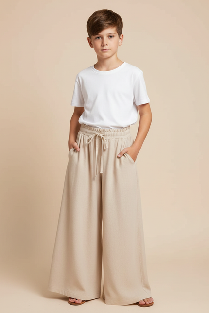 Pantalon Fluide Beige Large Confortable Cordon Décontracté - Lin