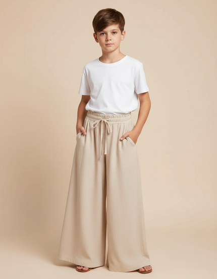 Pantalon Fluide Beige Large Confortable Cordon Décontracté - Lin