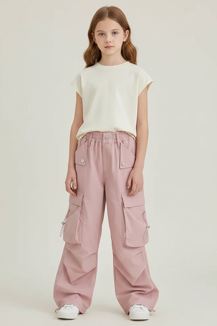 Pantalon Fluide Rose Cargo Ample Décontracté Fille - Polyester