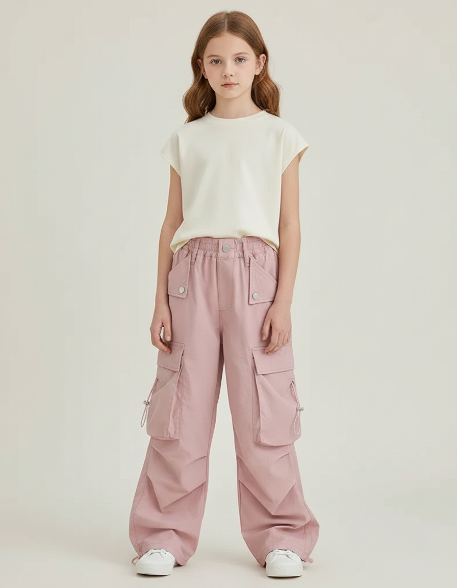 Pantalon Fluide Rose Cargo Ample Décontracté Fille - Polyester