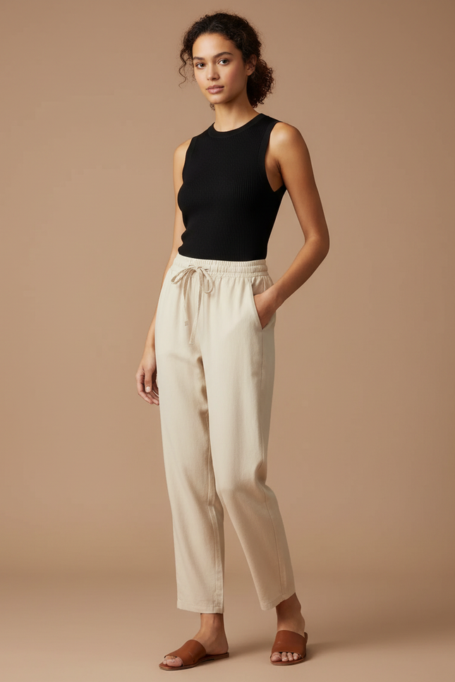 Pantalon Fluide Beige Coton Décontracté Élastique Harem