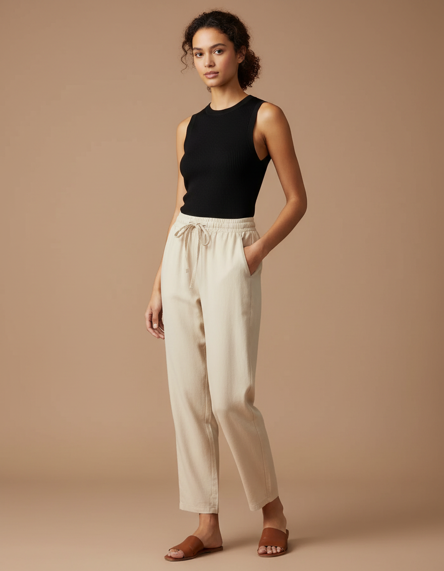 Pantalon Fluide Beige Coton Décontracté Élastique Harem