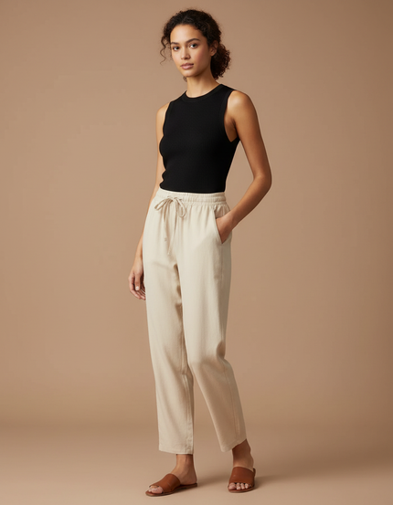 Pantalon Fluide Beige Coton Décontracté Élastique Harem