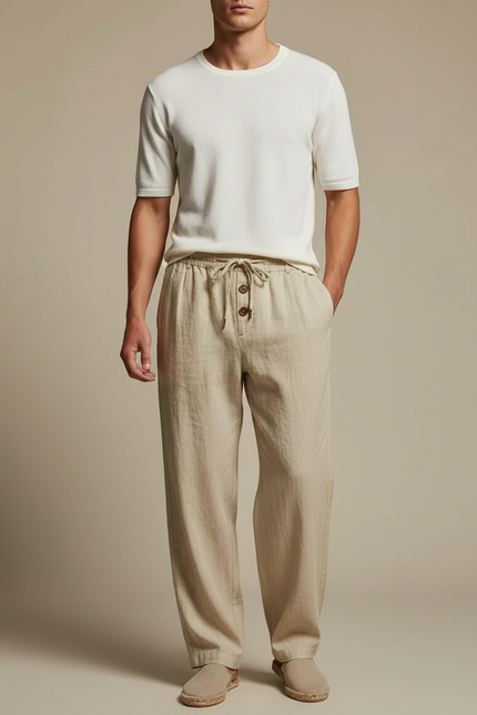 Pantalon Fluide Beige Lin Ample Décontracté Cordon Homme