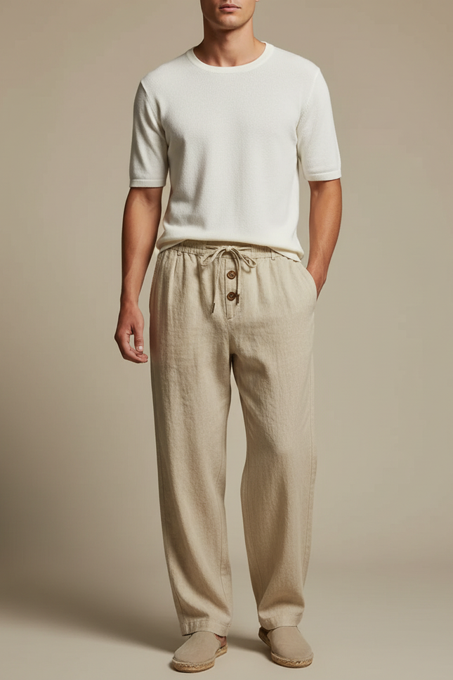 Pantalon Fluide Beige Lin Ample Décontracté Cordon Homme