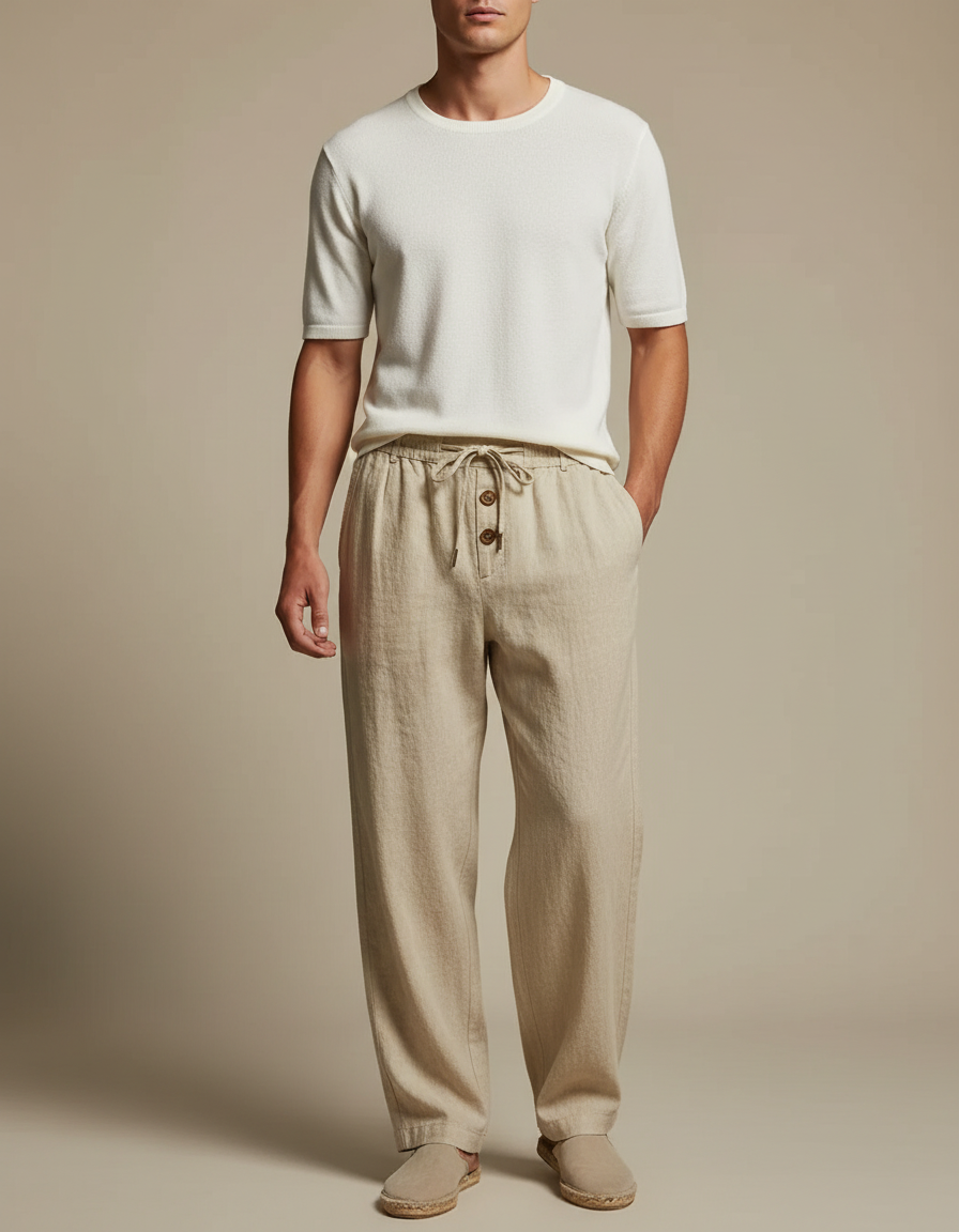 Pantalon Fluide Beige Lin Ample Décontracté Cordon Homme