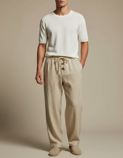 Pantalon Fluide Beige Lin Ample Décontracté Cordon Homme