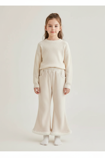 Pantalon Fluide Écru Côtelé Évasé Fourrure Fille - Beige Maille