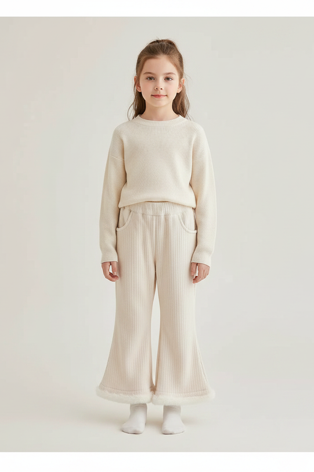 Pantalon Fluide Écru Côtelé Évasé Fourrure Fille - Beige Maille