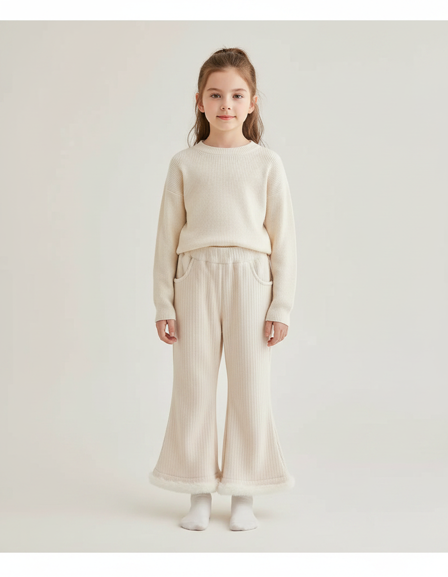 Pantalon Fluide Écru Côtelé Évasé Fourrure Fille - Beige Maille