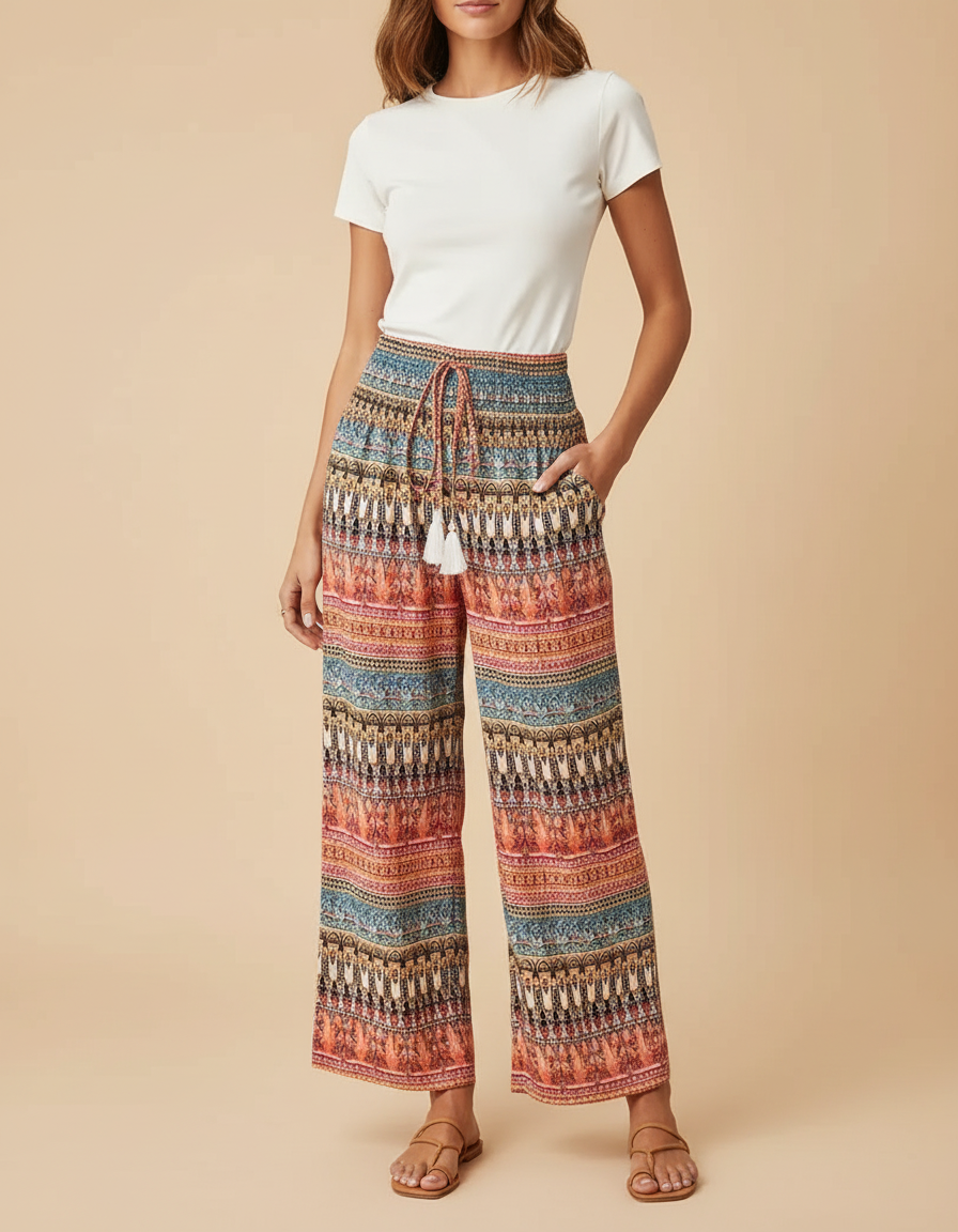 Pantalon Fluide Ethnique Taille Haute Ample Bohème Imprimé - Multicolore Viscose