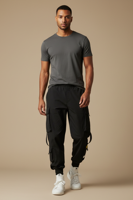 Pantalon Fluide Noir Cargo Jogger Multi-Poches Homme - Polyester
