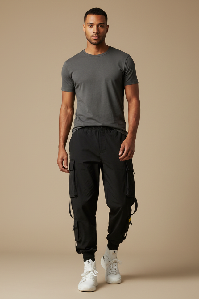 Pantalon Fluide Noir Cargo Jogger Multi-Poches Homme - Polyester