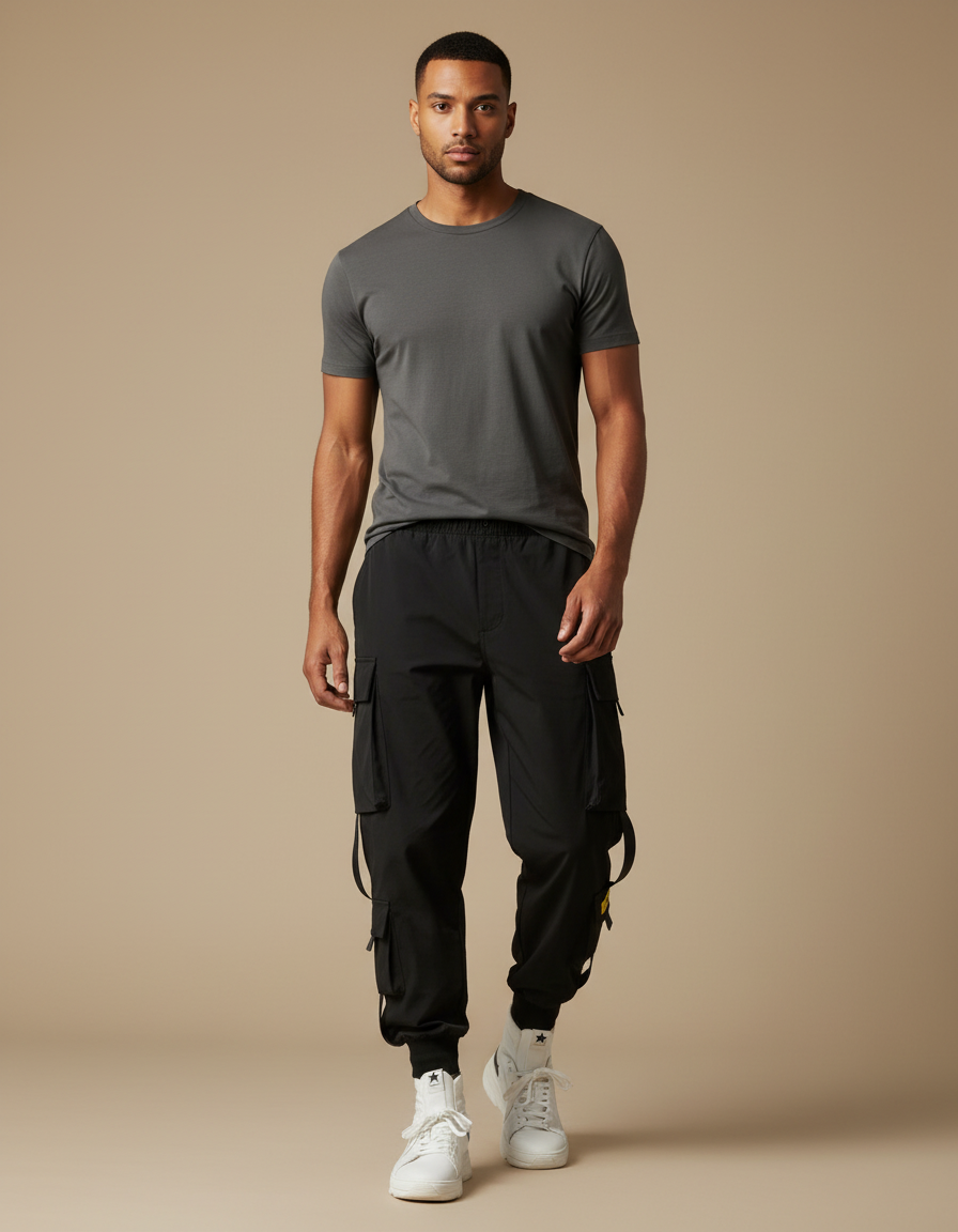 Pantalon Fluide Noir Cargo Jogger Multi-Poches Homme - Polyester