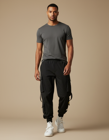 Pantalon Fluide Noir Cargo Jogger Multi-Poches Homme - Polyester