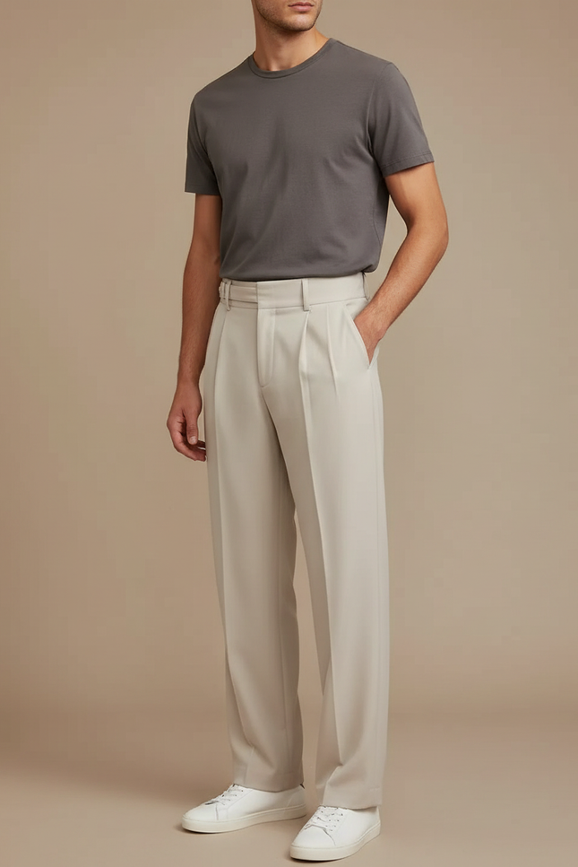 Pantalon Fluide Beige Homme Plissé Élégant Drapé - Polyester