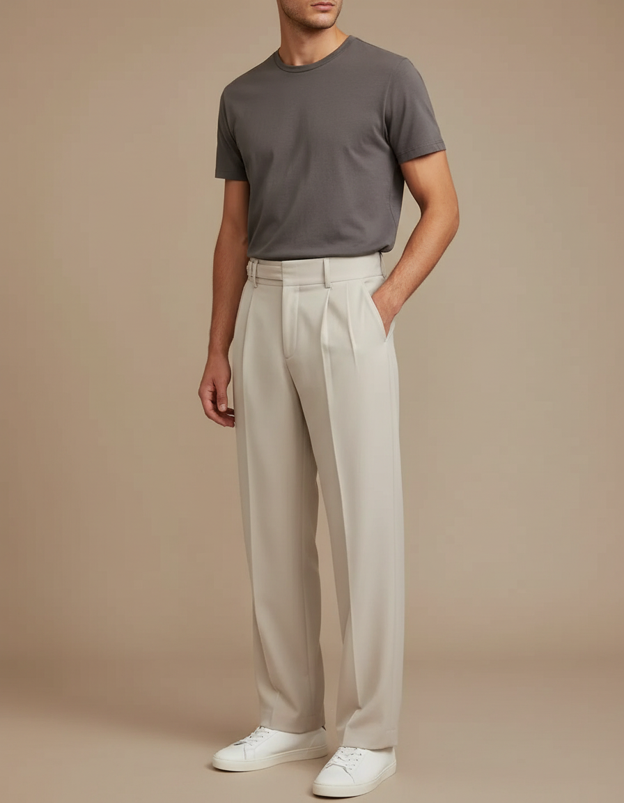 Pantalon Fluide Beige Homme Plissé Élégant Drapé - Polyester
