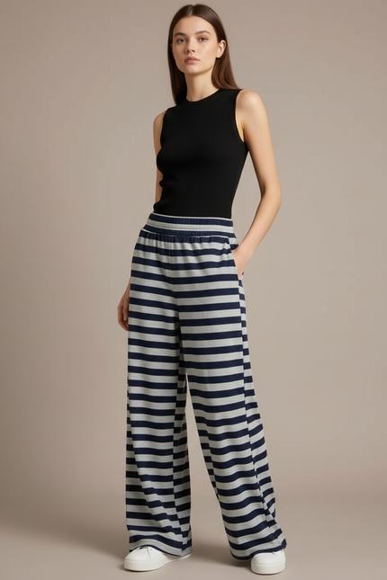 Pantalon Fluide Rayé Large Décontracté Bleu Marine - Molleton