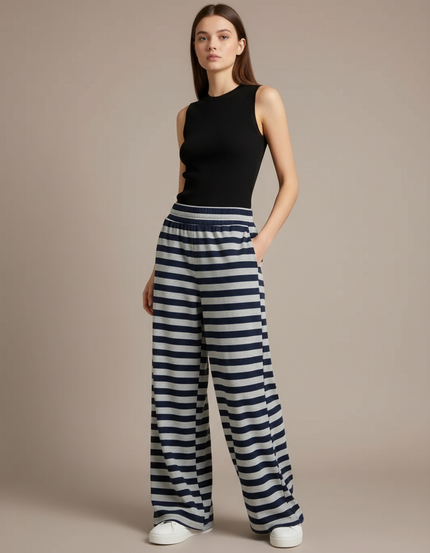 Pantalon Fluide Rayé Large Décontracté Bleu Marine - Molleton