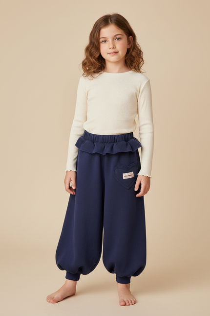 Pantalon Fluide Bleu Marine Ample Molleton Coeur