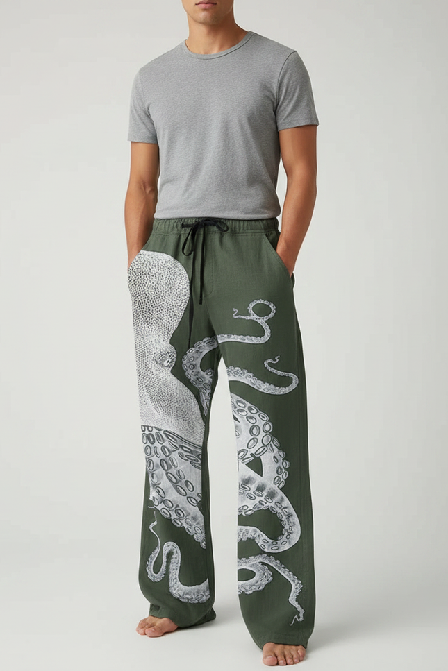 Pantalon Fluide Vert Poulpe Imprimé Ample Homme - Kaki Lin