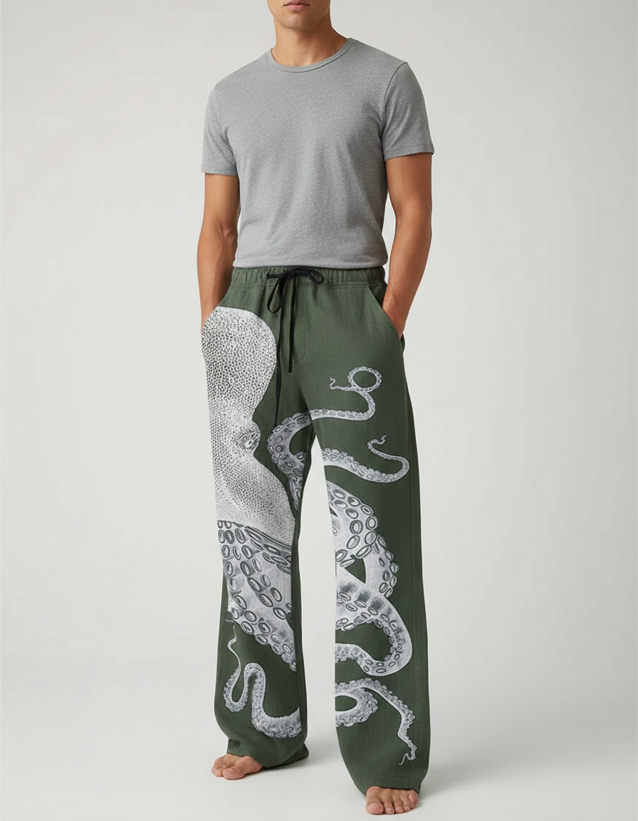 Pantalon Fluide Vert Poulpe Imprimé Ample Homme - Kaki Lin