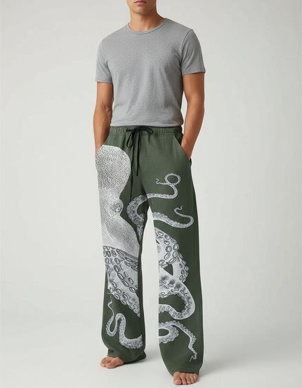 Pantalon Fluide Vert Poulpe Imprimé Ample Homme - Kaki Lin