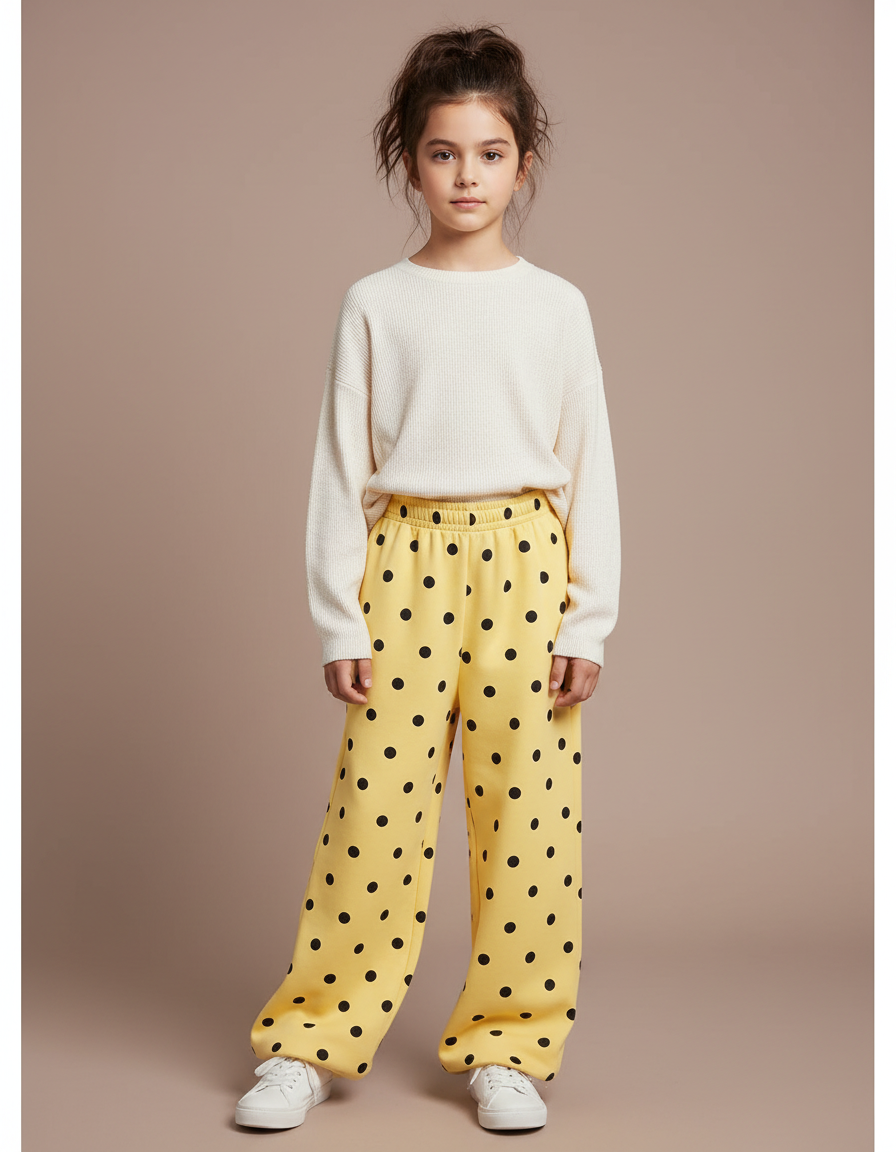 Pantalon Fluide Jaune Ample Polka Dots Hiver - Molleton