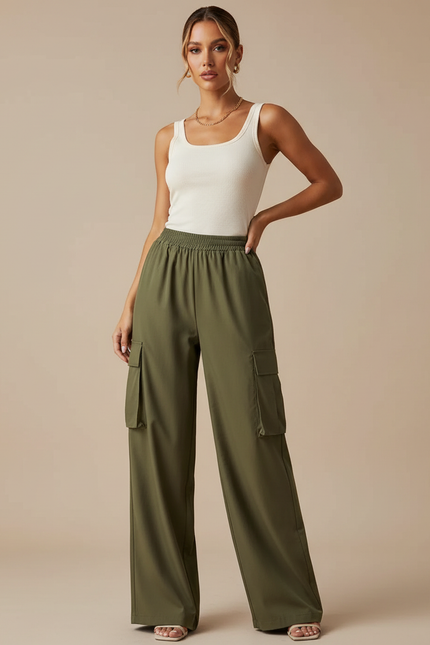 Pantalon Fluide Cargo Vert Ample Taille Élastique - Kaki Polyester