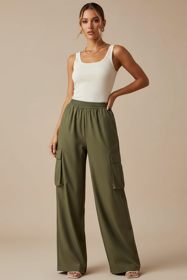 Pantalon Fluide Cargo Vert Ample Taille Élastique - Kaki Polyester